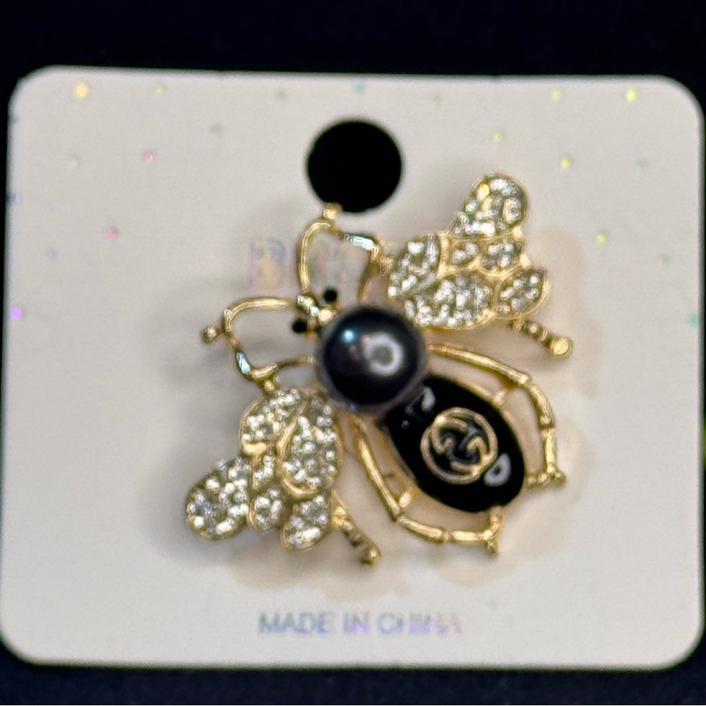Fashion Jewelry Gold Tone with Black W/ Faux Black Pearl and Crystal Bee Brooch